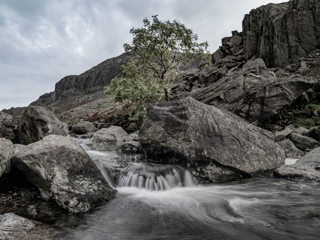 Landscape photograph of a small waterfall on Afon Nant Peris near Pen y Pass, Snowdonia