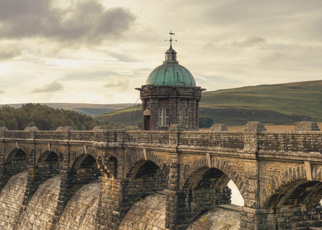 Last light of the day on Craig Goch Dam show casing the textures of the dam. Elan Valley Mid Wales