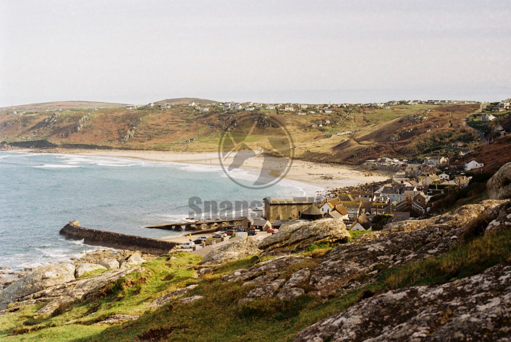 Looking down on Sennen Cove from above, on the South West Coastal Path